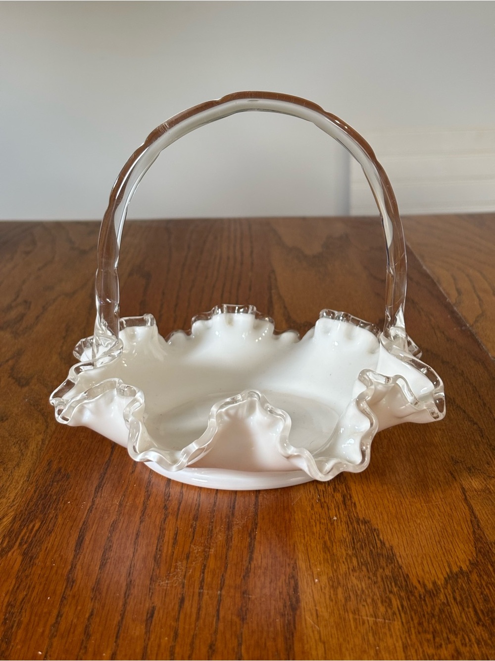 Fenton-Style White Opalescent Ruffled Glass Basket